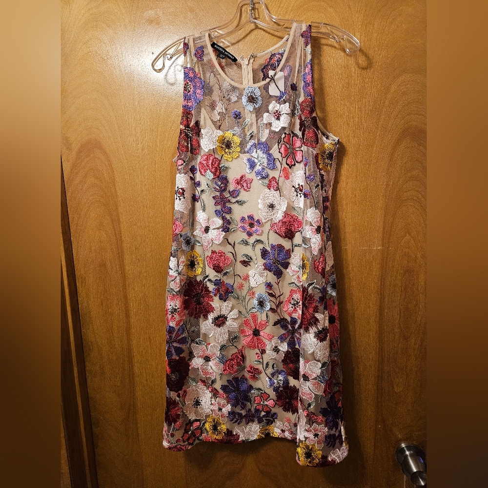 Boston Proper Floral Embroidered Midi Dress in Beige with Multicolor Flowers